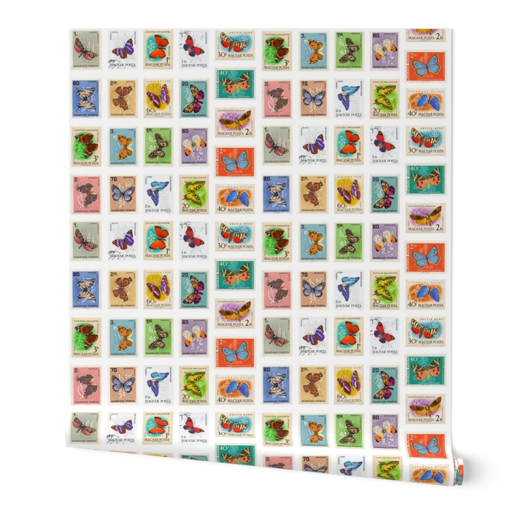butterfly postage stamps from Hungary, life-sized on white
