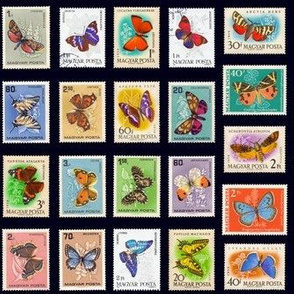 butterfly postage stamps from Hungary, life-sized on black