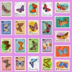 butterfly postage stamps from Hungary, life-sized on pink