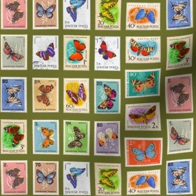 butterfly postage stamps from Hungary, life-sized on olive green