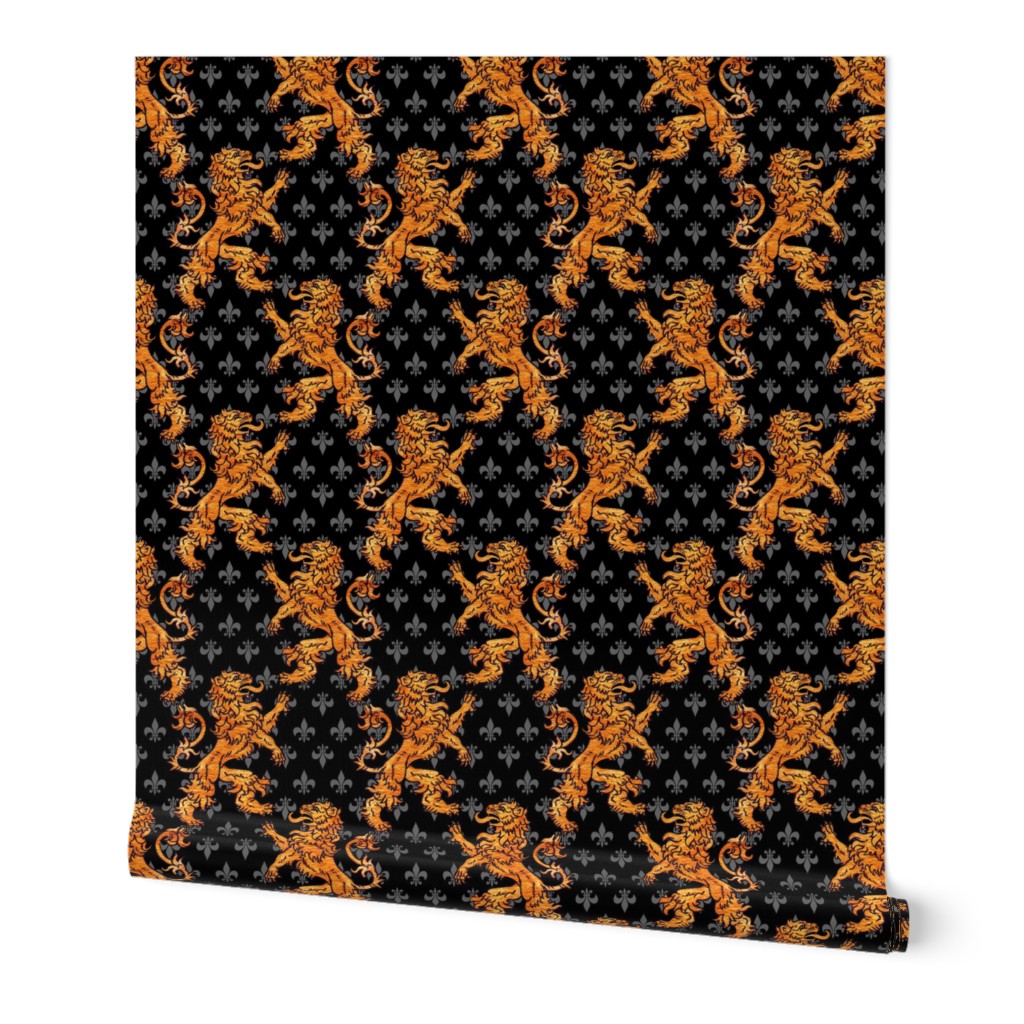 Medieval Gold Lions Fleurs Black Gray