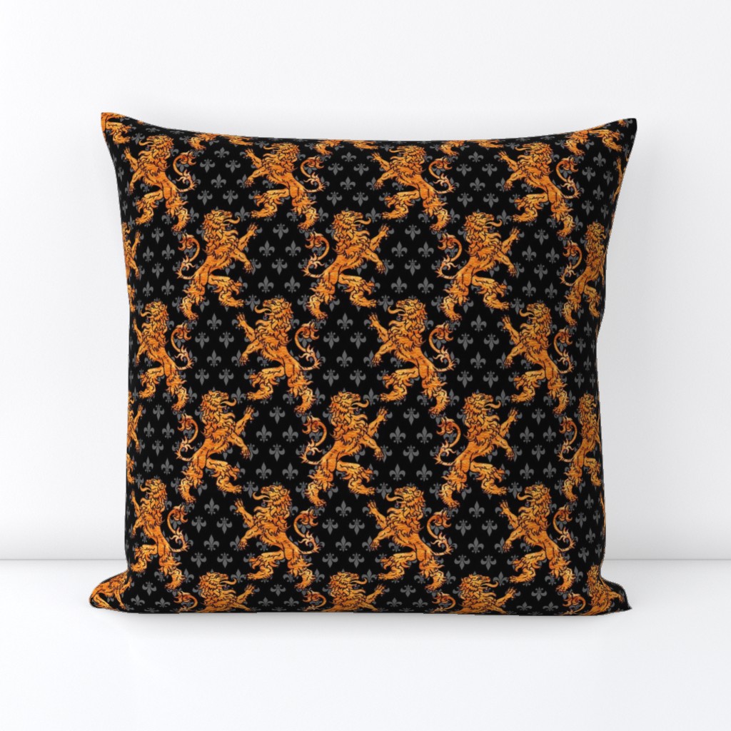 Medieval Gold Lions Fleurs Black Gray