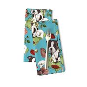 Boston Terrier Puppy Posie with flowers and bees on teal