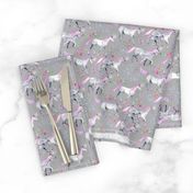 Tiny Unicorns and Stars on Soft Grey with Pink and Purple