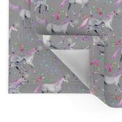 Tiny Unicorns and Stars on Soft Grey with Pink and Purple