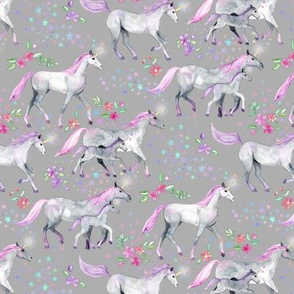 Tiny Unicorns and Stars on Soft Grey with Pink and Purple