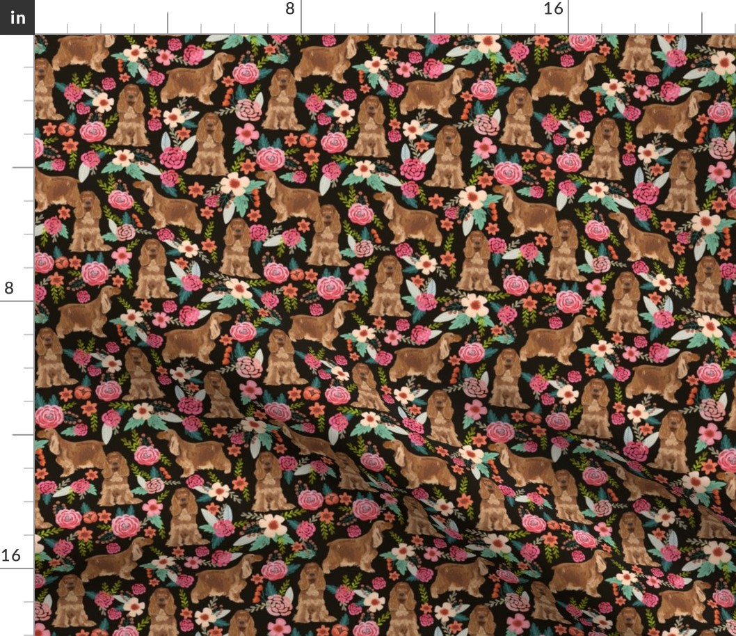 cocker spaniel florals dog fabric floral flowers dog pattern - black