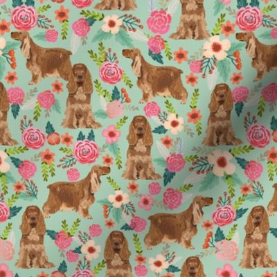 cocker spaniel florals dog fabric floral flowers dog pattern - mint