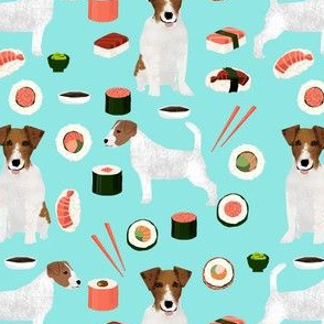 jack russell terrier sushi food design dog fabric - blue