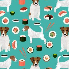 jack russell terrier sushi food design dog fabric - turquoise