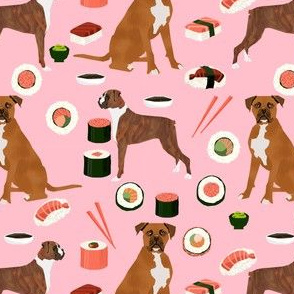 boxer dog sushi themed fabric dogs pattern design - pink
