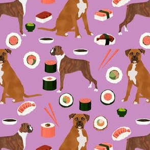 boxer dog sushi themed fabric dogs pattern design - purple
