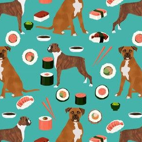 boxer dog sushi themed fabric dogs pattern design - turquoise