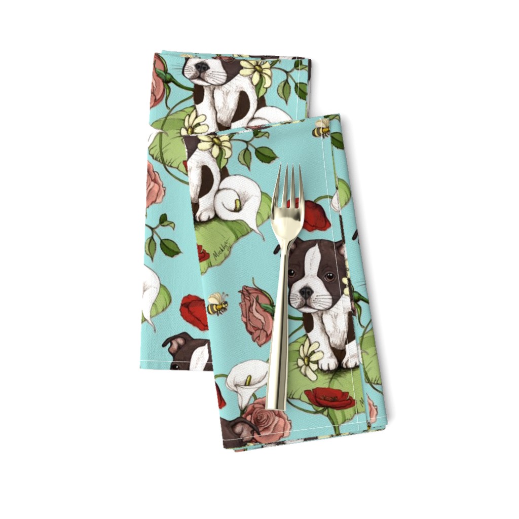 Boston Terrier Puppy Posie with flowers and bees on light teal