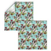 Boston Terrier Puppy Posie with flowers and bees on light teal