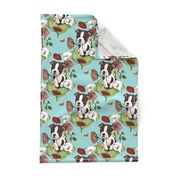 Boston Terrier Puppy Posie with flowers and bees on light teal