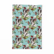 Boston Terrier Puppy Posie with flowers and bees on light teal