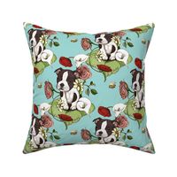 Boston Terrier Puppy Posie with flowers and bees on light teal