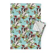 Boston Terrier Puppy Posie with flowers and bees on light teal