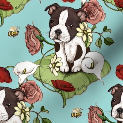 Boston Terrier Puppy Posie with flowers and bees on light teal