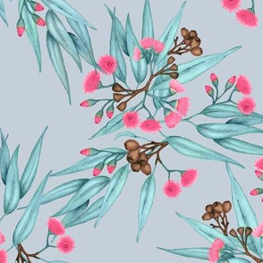 Gumnuts on Grey with Bright Pink Blossoms