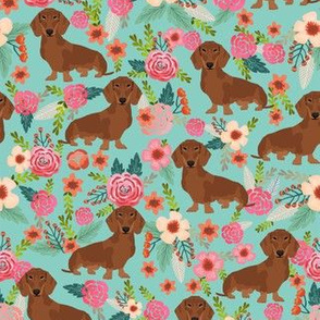 dachshund red fabric florals dog design - mint