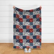 Patchwork in red, navy and grey - Wholecloth cheater quilt