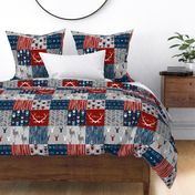 Patchwork in red, navy and grey - Wholecloth cheater quilt