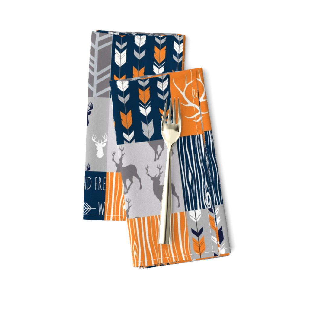 Patchwork Deer in orange,navy, grey- Wholecloth cheater quilt - baby boy nursery - broncos