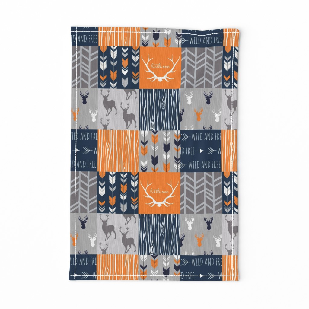 Patchwork Deer in orange,navy, grey- Wholecloth cheater quilt - baby boy nursery - broncos