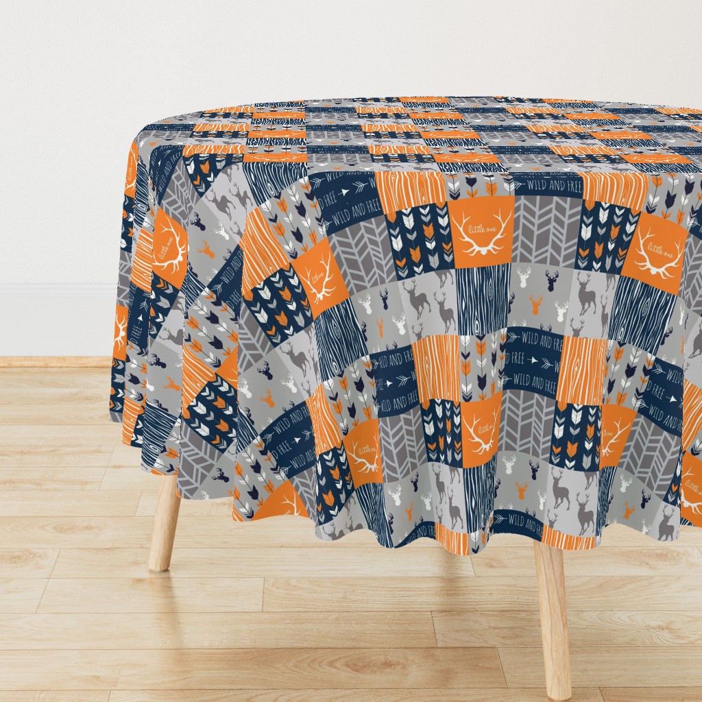 Patchwork Deer in orange,navy, grey- Wholecloth cheater quilt - baby boy nursery - broncos