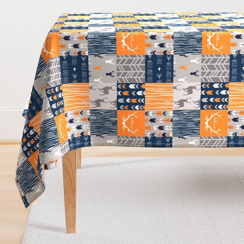 Patchwork Deer in orange,navy, grey- Wholecloth cheater quilt - baby boy nursery - broncos