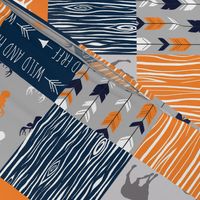 Patchwork Deer in orange,navy, grey- Wholecloth cheater quilt - baby boy nursery - broncos