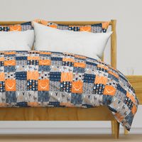 Patchwork Deer in orange,navy, grey- Wholecloth cheater quilt - baby boy nursery - broncos