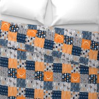 Patchwork Deer in orange,navy, grey- Wholecloth cheater quilt - baby boy nursery - broncos