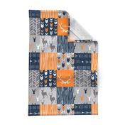 Patchwork Deer in orange,navy, grey- Wholecloth cheater quilt - baby boy nursery - broncos