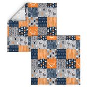 Patchwork Deer in orange,navy, grey- Wholecloth cheater quilt - baby boy nursery - broncos