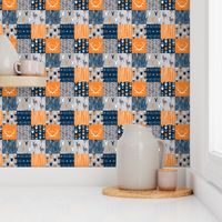 Patchwork Deer in orange,navy, grey- Wholecloth cheater quilt - baby boy nursery - broncos