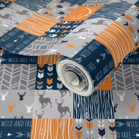 Patchwork Deer in orange,navy, grey- Wholecloth cheater quilt - baby boy nursery - broncos