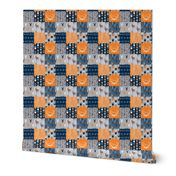 Patchwork Deer in orange,navy, grey- Wholecloth cheater quilt - baby boy nursery - broncos