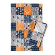 Patchwork Deer in orange,navy, grey- Wholecloth cheater quilt - baby boy nursery - broncos