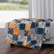 Patchwork Deer in orange,navy, grey- Wholecloth cheater quilt - baby boy nursery - broncos