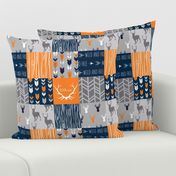 Patchwork Deer in orange,navy, grey- Wholecloth cheater quilt - baby boy nursery - broncos