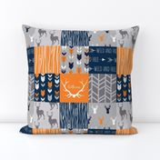 Patchwork Deer in orange,navy, grey- Wholecloth cheater quilt - baby boy nursery - broncos