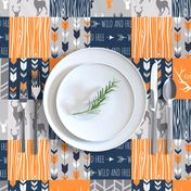 Patchwork Deer in orange,navy, grey- Wholecloth cheater quilt - baby boy nursery - broncos