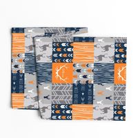 Patchwork Deer in orange,navy, grey- Wholecloth cheater quilt - baby boy nursery - broncos