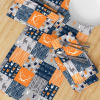 Patchwork Deer in orange,navy, grey- Wholecloth cheater quilt - baby boy nursery - broncos