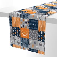 Patchwork Deer in orange,navy, grey- Wholecloth cheater quilt - baby boy nursery - broncos