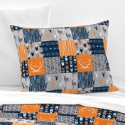 Patchwork Deer in orange,navy, grey- Wholecloth cheater quilt - baby boy nursery - broncos