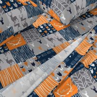 Patchwork Deer in orange,navy, grey- Wholecloth cheater quilt - baby boy nursery - broncos